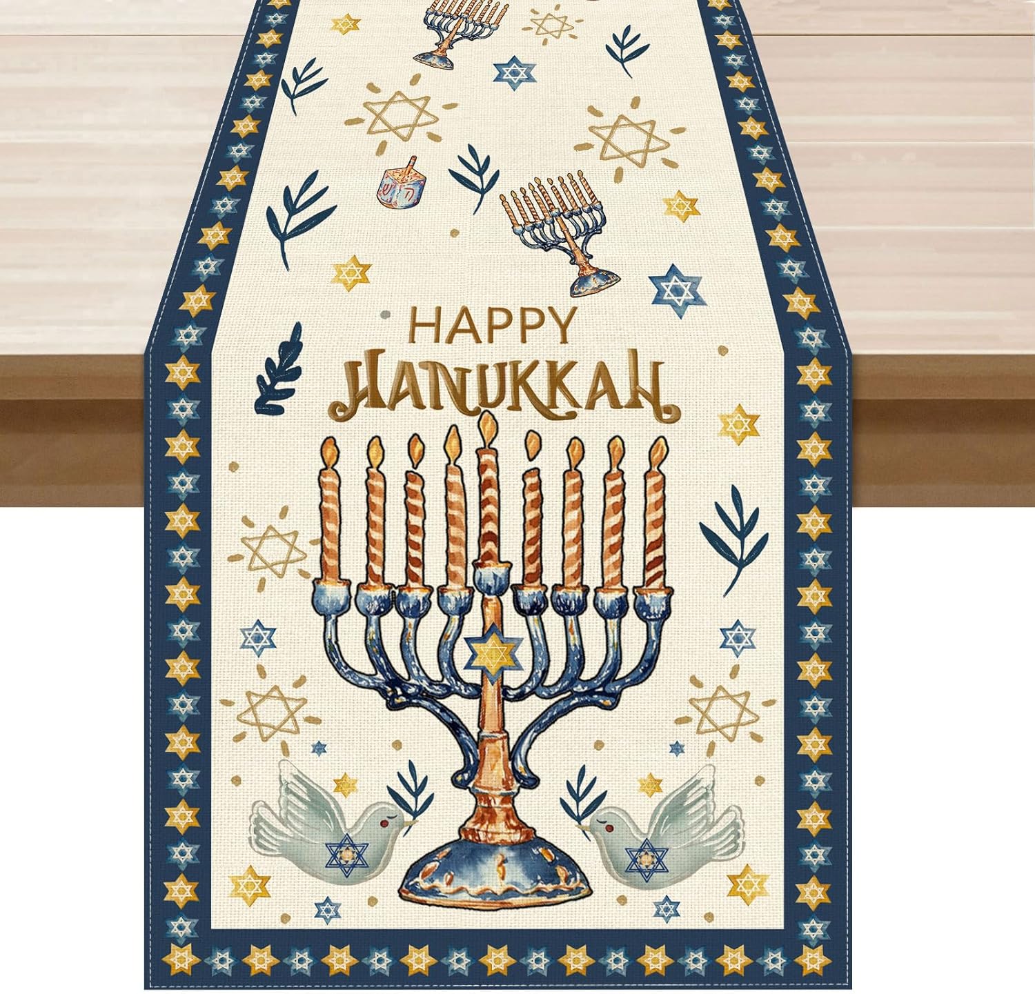 Linen Table Runner - Happy Hanukkah Chanukah Menorah Esagramma Runner